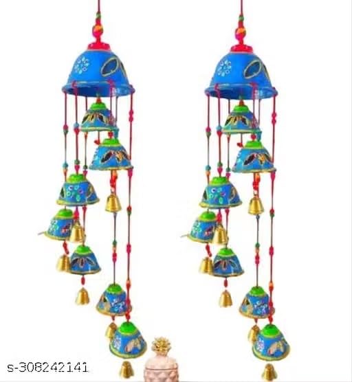 Rajasthani Handcrafted Wind Chime with Bells, Blue, 22 inch | Pack of 2, Hand-Painted Design, Colorful Beads, Wall Hanging Decor, Traditional Style-image-40