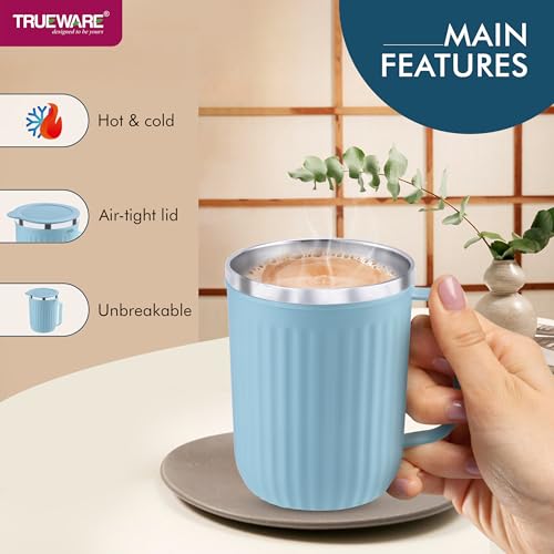 Image of Trueware Frost Unbreakable Mugs With Cap Stainless Steel Plastic Covered Travel Mug With Lid For Tea, Coffee, Milk, 400 ml