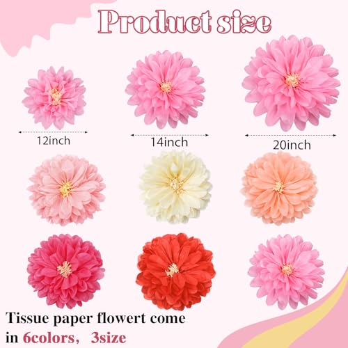 Image of Geyee 18 Pcs Mexican Paper Flowers Colorful Fiesta Tissue Paper Flowers Pom Poms Mexican Carnival for Floral Party Backdrop Wedding Birthday Party Craft(Pink Series,12 inch 14 inch 20 inch)