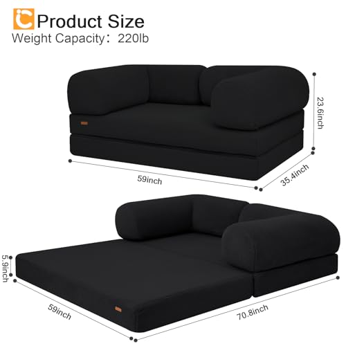 COMAX 4-in-1 Futon Sofa Bed, Queen Size Foldable Couch with L-Shaped Armrests, Convertible Sleeper Chair Bed, Comfortable Lounge Mattress for Living Room and Bedroom, Dark Black