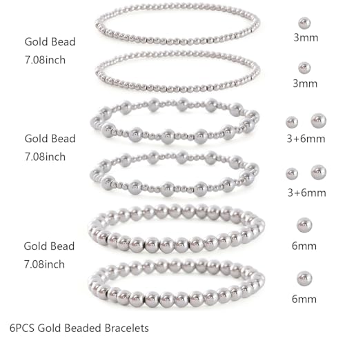 Gold Silver Bracelets for Women,Stackable Bead Ball Bracelets 14K Gold Plated Beaded Bracelet Adjustable Elastic Jewelry3