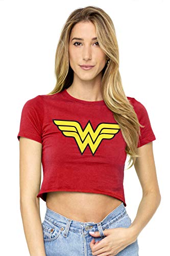 Wonder Woman Logo Juniors Teen Girls Crop Top T Shirt & Stickers (Small) Red