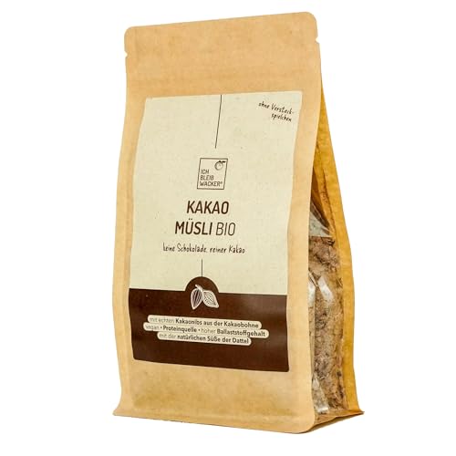 Bio Kakao Müsli ohne Industriezucker, 350 g von bleibwacker. Veganes Schokomüsli. Keine Schokolade, reiner Kakao. Mit echten Kakaonibs.