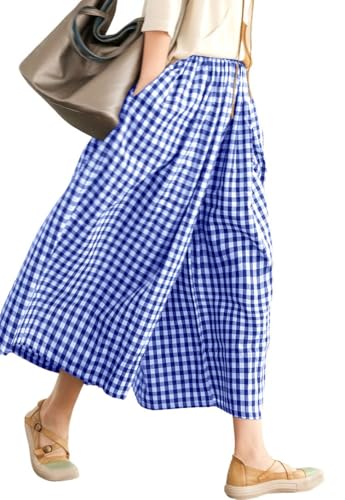 Image of chouyatou Women's Cotton Linen Pants Elastic Waist Plaid Gingham Wide Leg Capri Palazzo Pants