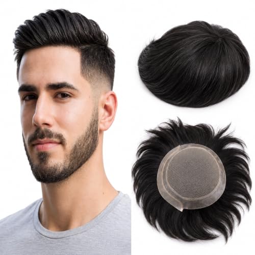 Image of Premium Australian Silk Base Hair Patch for Men | 2-Layer Design with 0.03mm Transparent Front | 100% Remy Human Hair Wig | Natural-Looking Non-Surgical Toupee | (Black, 8x5)