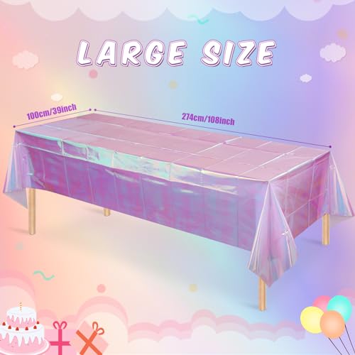 Image of 6 Pack Light Purple Plastic Tablecloths for Rectangle Tables, Shiny Disposable Laser Rectangle Table Covers Holographic Foil Tablecloth Iridescent Party Decoration Birthday Bridal Wedding, 39x108 Inch