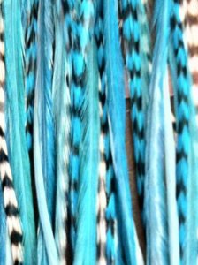 Feather Hair Extension – Blue and Turquoise Feathers, all bonded together at the tip, ranging from 4 to 6 inches in length, with a total of 5 feathers, includes 2 silicone micro beads.