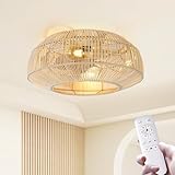 JSAITEE Boho Caged Ceiling Fans with Lights and Remote Control, 20 Inch Flush Mount Rattan Retro Ceiling Fan with Light, 6-Speed Reversible Motor E26 Bulb Base for Bedroom Living Room and Balcony