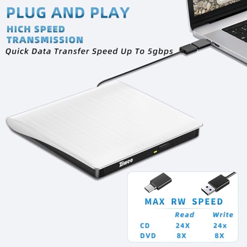 Image of Ziweo External DVD Drive USB 3.0 Type-C Portable CD DVD + /-RW Drive for Laptop DVD Player CD ROM Rewriter Burner Compatible with Laptop Desktop PC Windows MacBook Mac Linux Mac OS Upgrade White