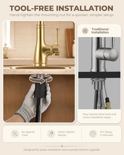 Image of WEWE Vintage Kitchen Faucet with Pull Down Sprayer, Stainless Steel 1 or 3 Hole High Arc Single Handle Antique Sink Faucet for Classic Modern Ktichen, Gold Bar & Prep Sinks