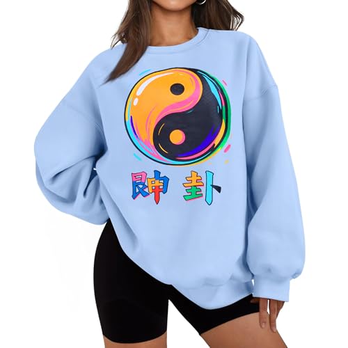 FREEYE Oversized Yin Yang Graphic Sweatshirt Positive Energy & Good Luck Pullover Women's Casual Crewneck for Balance, Abundance Mindset Zen Streetwear Blue L
