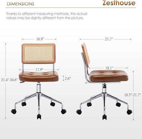 Image of Zesthouse Leather Office Desk Chair with Wheels, Mid Century Rolling Desk Chair with Natural Rattan Back, Modern Swivel Home Office Chair, Small Height Adjustable Computer Task Chair, Brown