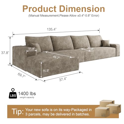 Image of 96 inch Sectional Couches for Living Room Cloud Couch Sofa with L-Shape Upholstered Boneless Couchs Modern Modular Sectional Couch with Chaise