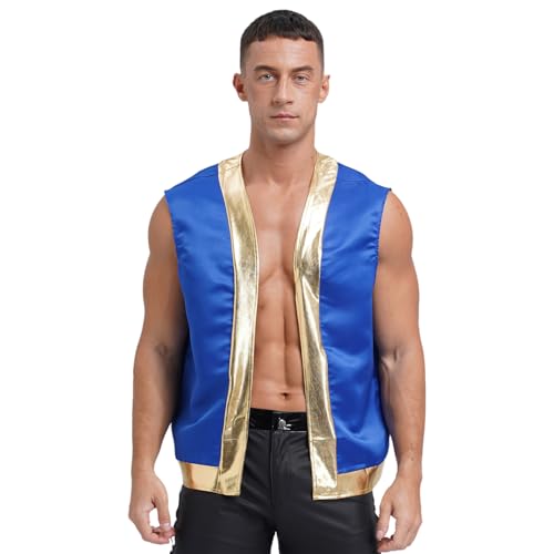 Aislor Mens Halloween Toad Costume Open Front Shiny Trim Waistcoat Cartoon Captain Cosplay Outfits Royal Blue S