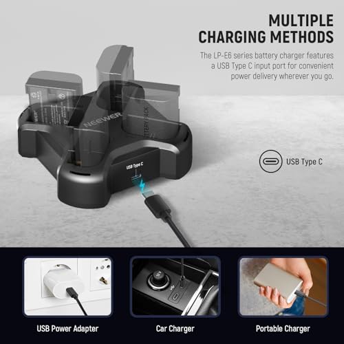 Image of NEEWER LP-E6 /LP-E6N /LP-E6NH /LP-E6P Four Channel Battery Charger with PD 45W Fast Charging, USB C Cable, Quad USB Charger Compatible with Canon EOS R5 Mark II 6D MarkII 5D MarkIII 5D Mark IV, NW-P4