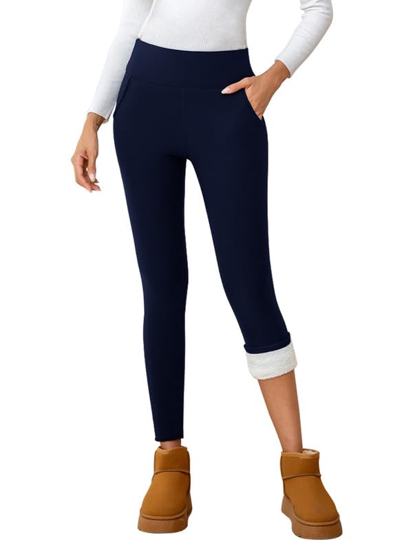 CrystErzoix Thermo Leggings Damen Gefüttert Thermoleggings Winter Warme Leggings High Waist Fleece Thermohose Sportleggins Yogahose Lang mit Taschen, Marineblau M