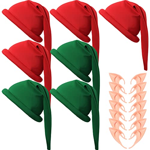 Unittype 14 Pcs Christmas Dwarf Costume Set 7 Halloween Dwarf Gnome Elf Hat 7 Fairy Pixie Elf Ear Pointed Ear(Red, Green)