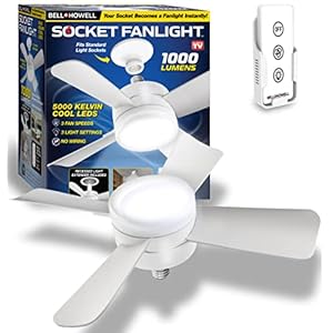 Socket Fan Cool Light E26/E27 Base, Cordless/Wireless with 15.75” Fan and 1,000 Lumen/5,000 Kelvin LED Bulb/Ceiling Fan Replacement for Bedroom, Living Room, Kitchen, Balcony