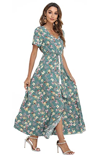 Image of VintageClothing Women's Floral Maxi Dresses Boho Button Up Split Summer Casual Long Dress Beach Party Dress