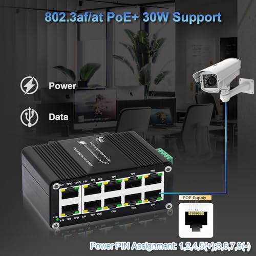 Image of Industrial 10-Port Gigabit PoE Switch, 12-48V DC Input with Built-in Voltage Booster, 8-Port 802.3at 30W + 2 Uplink, Up to 240W PoE Budget, DIN-Rail Mountable