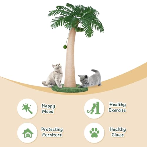 Image of 43.3inch Palm Tree Shape Style Sisal Cat Tree Scratching Post Cats, Wear Resistant Cat Claw Scratcher with Plush Stable Base & Hanging Toy Ball, Green