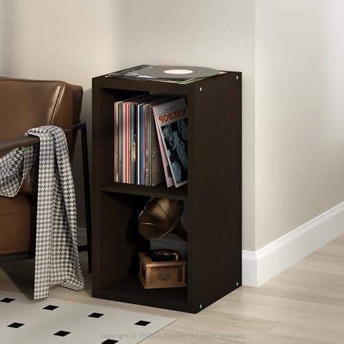 Image of Furinno Cubicle Record Player Stand, 2-Cube Record Storage, Dark Oak | Vinyl Storage, 1.2 inchInch Extra Thick, Open Back Media Shelf for CD DVD Bluray Game Disc, for Living Room, Home Office