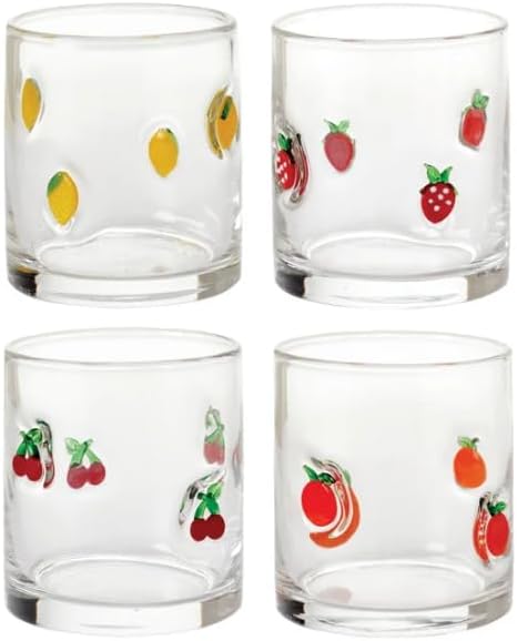 Pandex 14 oz Icon Glasses, Set of 4 - Handcrafted Soda-Lime Drinking Glasses with 3D Molded Fruit Icons (Lemon, Orange, Cherry, Strawberry) - Whimsical Juice Tumblers for Spring & Summer