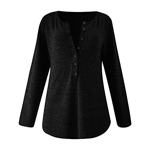 Camisa feminina com botão moda cor sólida gola redonda casual manga longa suéter solto moletom top m