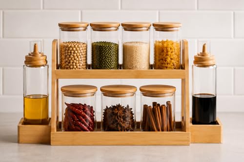 Image of Femora Glass Kitchen Organizer Set with 2-Tier Bamboo Rack | 4 Large Storage Jars 400ml + 3 Small Spice Jars 220ml + 2 Oil Dispenser Bottles 550ml | Airtight Bamboo Lid Containers for Kitchen Storage