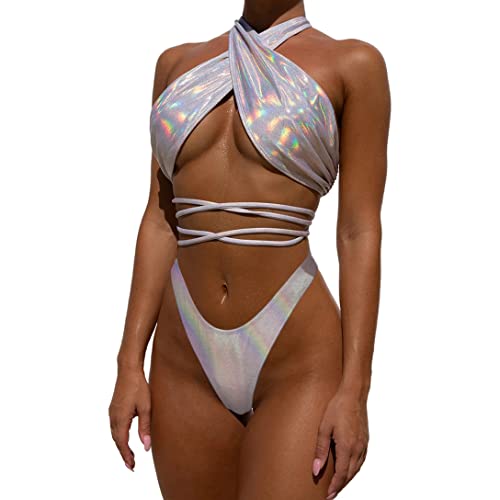 YHSM Silver Shiny Bikini Swimsuits for Womens Two Piece Criss Cross High Waisted Sexy Lace-up Split Swimsuit for Rave Party (M) Cover