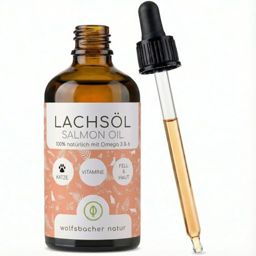Wolfsbacher Olio di Salmone per Gatti 100 ml Naturale da Salmone Atlantico Norvegese con Omega 3 e 6