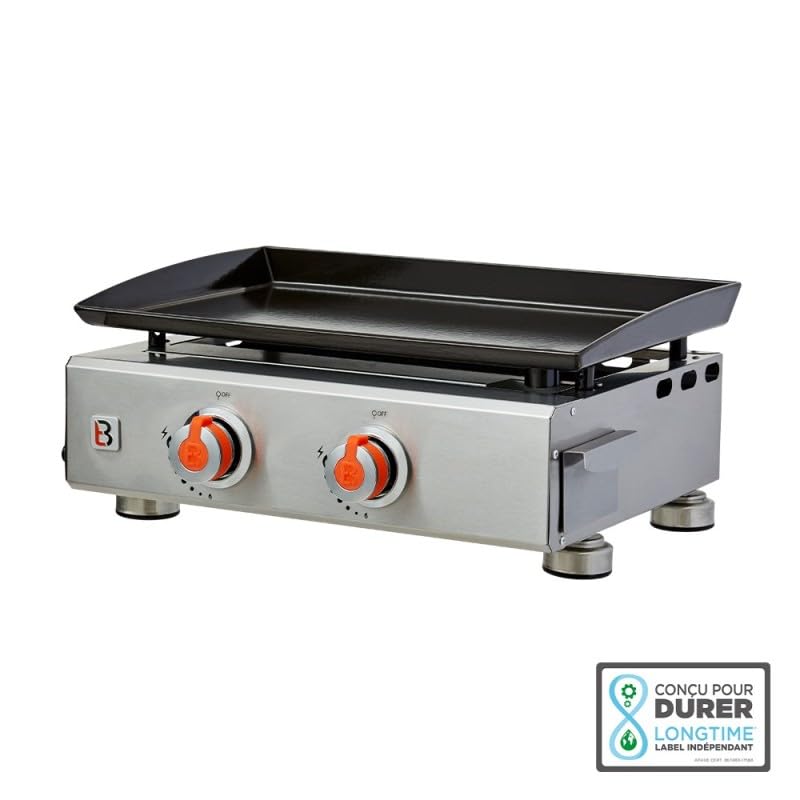 BRASERO - Plancha Alicia II Inox 2 feux - Surface cuisson 52 x 34 cm - 2 brûleurs - Plaque acier émaillée - Piezo intégré - Tiroir graisse - Jusqu'à 8 convives - 5 kW