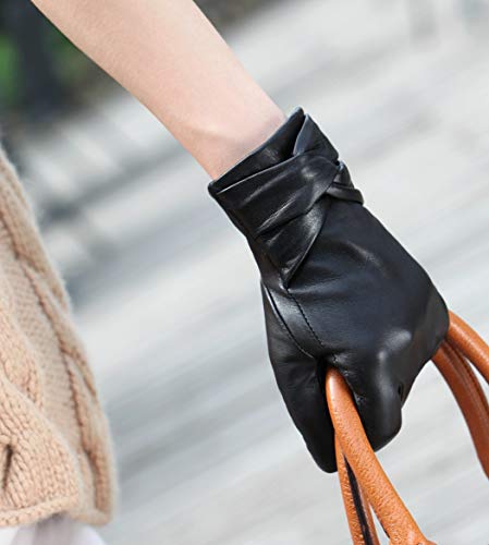 Warmen Women's Lambskin Leather Cold Weather Gloves with Crossing Bow (7, Black (Touchscreen Function/Wool Lining)) - Thumbnail 2