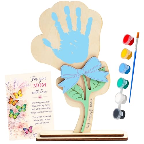 Blue Bow Mothers Day Crafts for Kids, Handprint Art Plaque 10x7 inches, Flower Making Kit for Kids, Wooden Flowers for Crafts, Mothers Day Gift for Mom, DIY Handprint Craft, Happy Mothers Day Gift