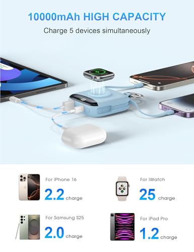 Image of citicr Portable Charger 10000mAh w /Built-in Cables & iWatch Charger Blue | Fast charging, Built-in cables, LED display, Charge 5 devices at once, Ring buckle, TSA approved, Pocket size, Charge iWatch