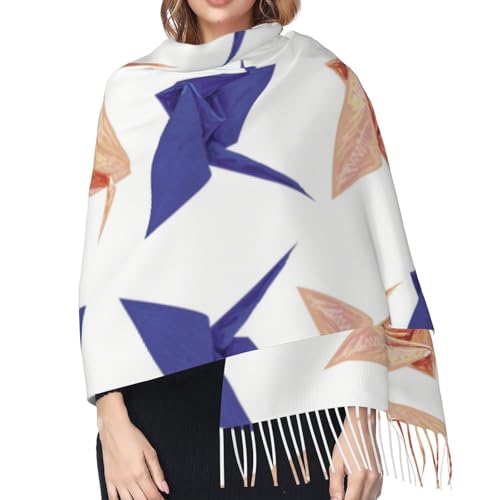 Origami Paper Crane Pattern Tassel Scarf, Winter Warm Scarves Shawls Blanket For Women4