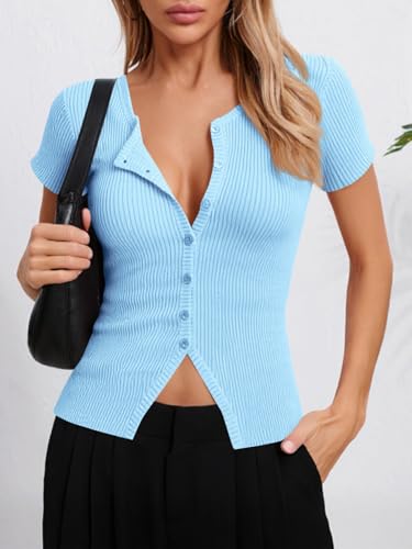 Image of Imily Bela Womens Short Sleeve Sweater Tops Summer Button Down Casual Ribbed Knit Slim Fit Cropped Cardigan Shirts