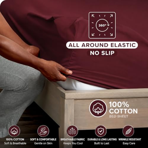 Image of 600 TC 100% Egyptian Cotton Fitted Sheet for King Bed Size Fitted Bed Sheet with Pillow Cover for Bedroom, Soft Hotel Quality Size - 72 x78+12 Burgundy Pillow Cover Size -18 x 28 Inch