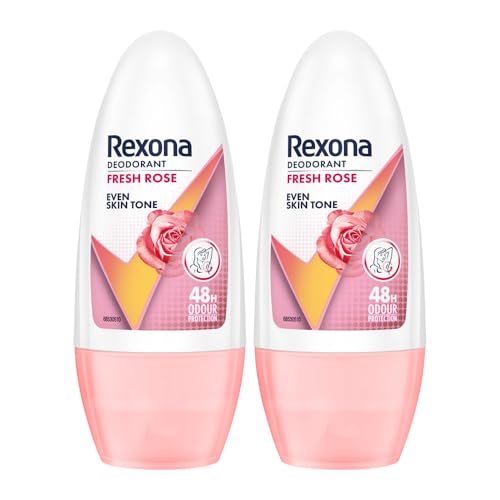 Image of Rexona Fresh Rose Even Skin Tone Underarm Roll-On Deodorant for Women | 48-Hour Odour Protection, 0% Alcohol | 50ml (Pack of 2)