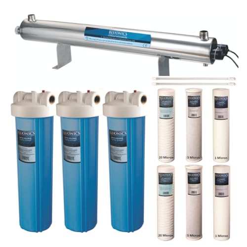 Bluonics Complete Well Water Whole House Water Filtration System 3-Stage with 110W UV 24GPM and One Extra Filters Sets, Activated Carbon Block, Sediment 20mic and 5mic Filters