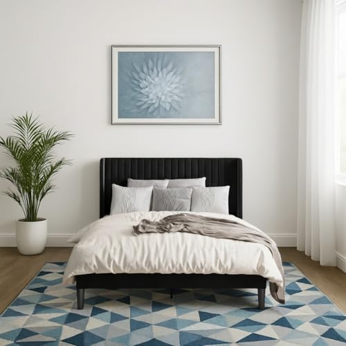 Image of Metal Upholstered Bed King Size Without Storage | Wooden King Size Cot with Headboard | Double Size Bed for Bedroom | Palang Furniture for Guest Room & Hotels, Black, (Black)