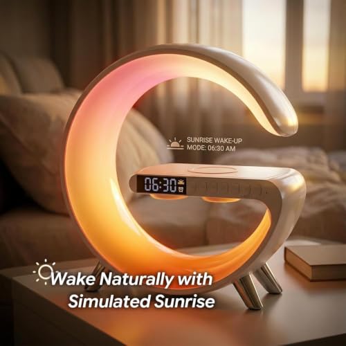 Image of 5 in 1 LED Table Lamp with Wireless Charging Bluetooth Speaker | App Controlled Night Light Alarm Clock for Christmas Birthday Gifts for Teens Adults Desk Office Bedroom Decor