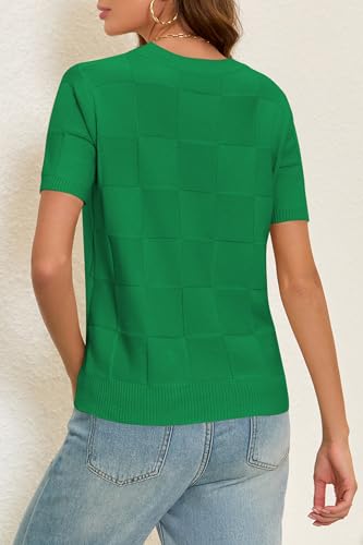 Image of Cakulo Women's Short Sleeve Summer Sweater Knit Tops | Checkered Pattern, Crew Neck, Lightweight Knit, Pullover Sweaters, Business Casual Work Tops Basic Clothes