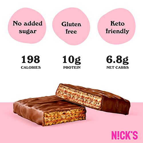 Image of NICKS Protein Wafer Bar | 25% Protein (10g) 198 Calories | Low Carb Chocolate Cookie Bar Snack with No Added Sugar, Gluten Free, Chocolate (24 bars x 40g)