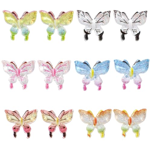 6 Pairs Butterfly Stud Earrings for Women, Colorful Resin Post Earrings with Plastic Ear Plugs Ideal Jewelry Gifts for Sensitive Ears