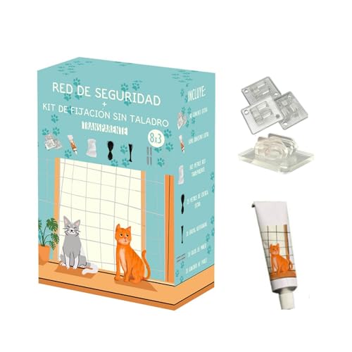 VartAMZ Red Gatos Terraza Transparente (8x3), Kit de Instalacion Sin Taladro (Ganchos) + Adhesivo 50ml, Malla para Gatos Terraza (Transparente), Balcon, Ventanas