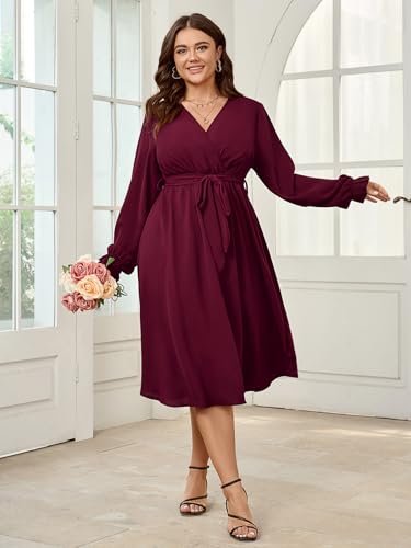 SCOMCHIC Womens Plus Size Wedding Guest Cocktail Midi Dress Winter Long Sleeve Wrap V Neck Belted A-Line Flowy Party Dress4