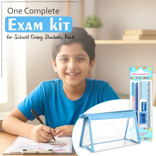 Image of GLUN Blue Transparent Zipper Pouch with inchAll The Best inch Stationery Kit Includes Scale, Pencil, Eraser, Sharpener & Pen Set for School Students