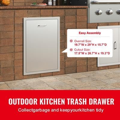 Happybuy Pull-Out Trash Drawer 19.7" W x 26.5" H, Stainless Steel with Trash Bag Ring for Outdoor Kitchens & BBQ Islands