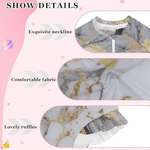 Girls One Piece Swimsuits Long Sleeve Swimsuit Zipper Bathing Suits Grey Marble Fluid Gold Marble Black3